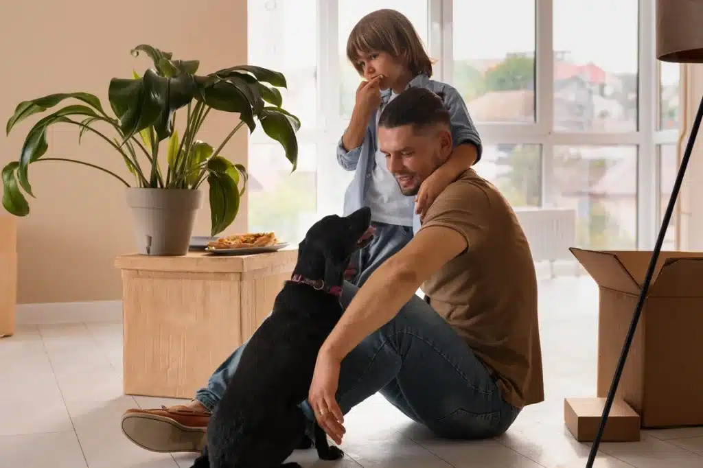 Vater mit Sohn und Hund in der Wohnung zwischen Umzugskartons – Auslandsumzug mit Kind und Kindeswohl